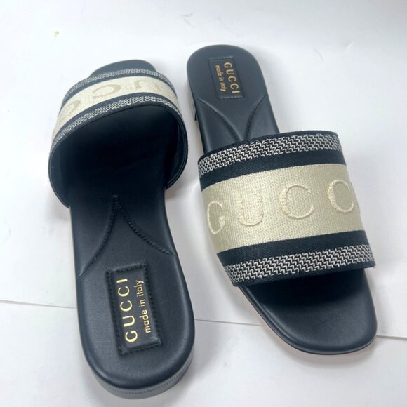 Gucci Jane Slide Sandals Black/White Embroidered Logo Flat Open Toe 38.5 US8.5 - Picture 6 of 11
